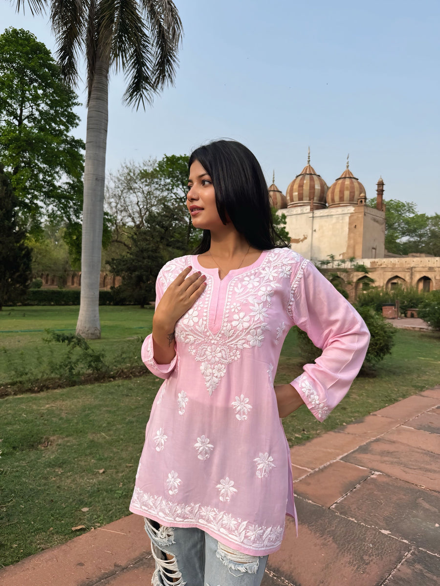 Modal Chikankari Solid Women's Short Kurta - Baby Pink
