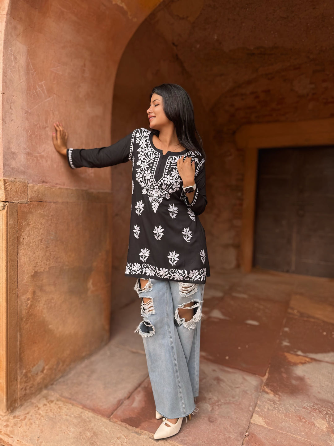 Modal Chikankari Solid Women's Short Kurta - Black
