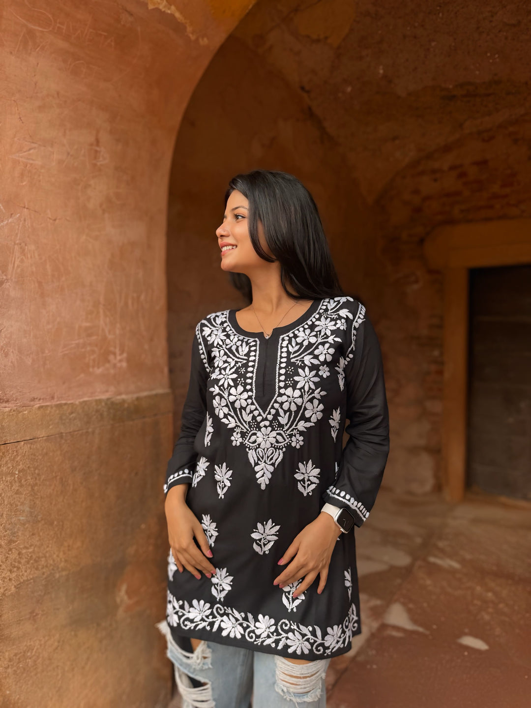 Modal Chikankari Solid Women's Short Kurta - Black