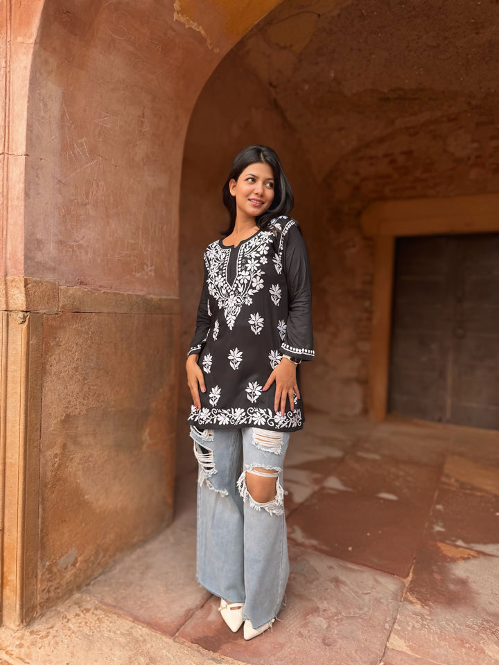 Modal Chikankari Solid Women's Short Kurta - Black