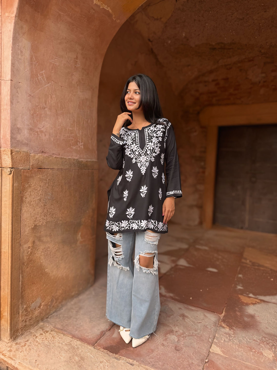 Modal Chikankari Solid Women's Short Kurta - Black