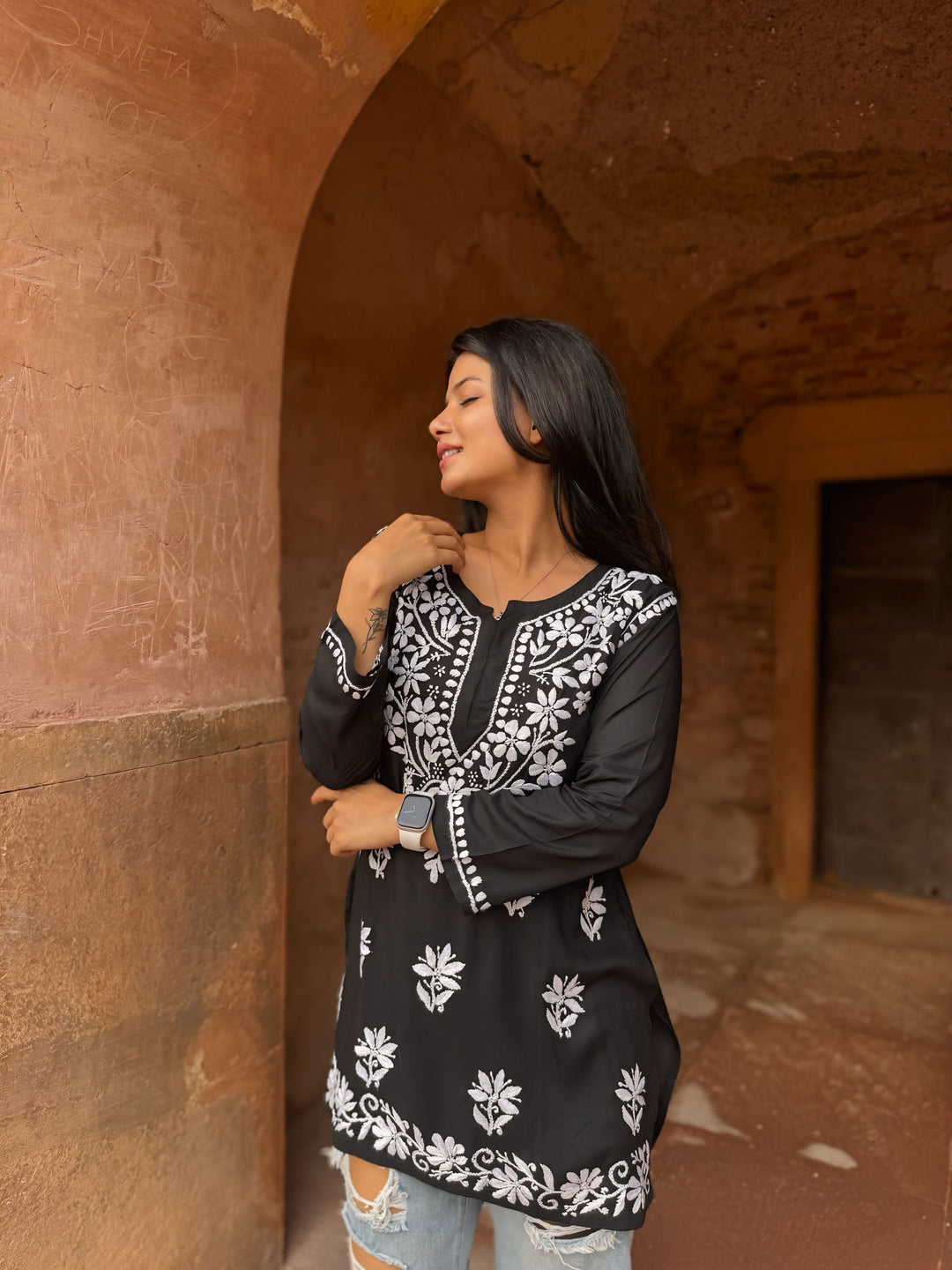 Modal Chikankari Solid Women's Short Kurta - Black