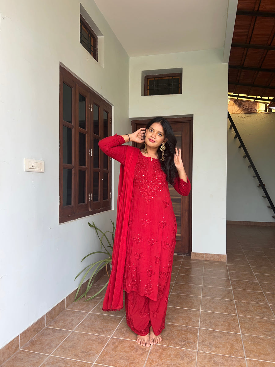 Nazakat Rayon Cotton Chikankari Kurta Set