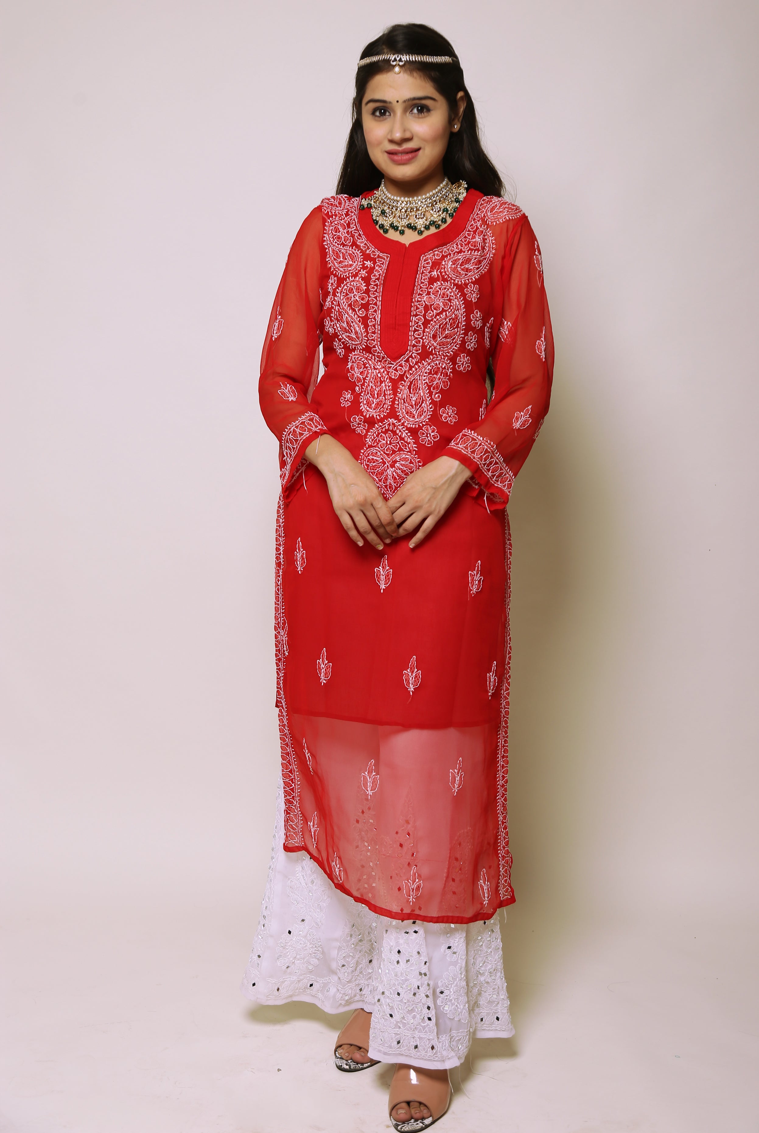 Red Lucknowi Chikankari Work Georgette Kurti Pant Set With Dupatta –  garment villa